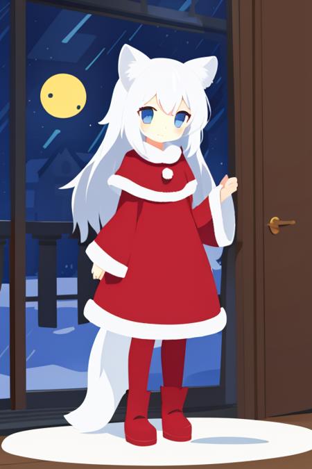 07137-4001442318-masterpiece,flat color,1girl,solo,white hair,blue eyes,kemono,santa,indoor scence,noon,stormy,.png